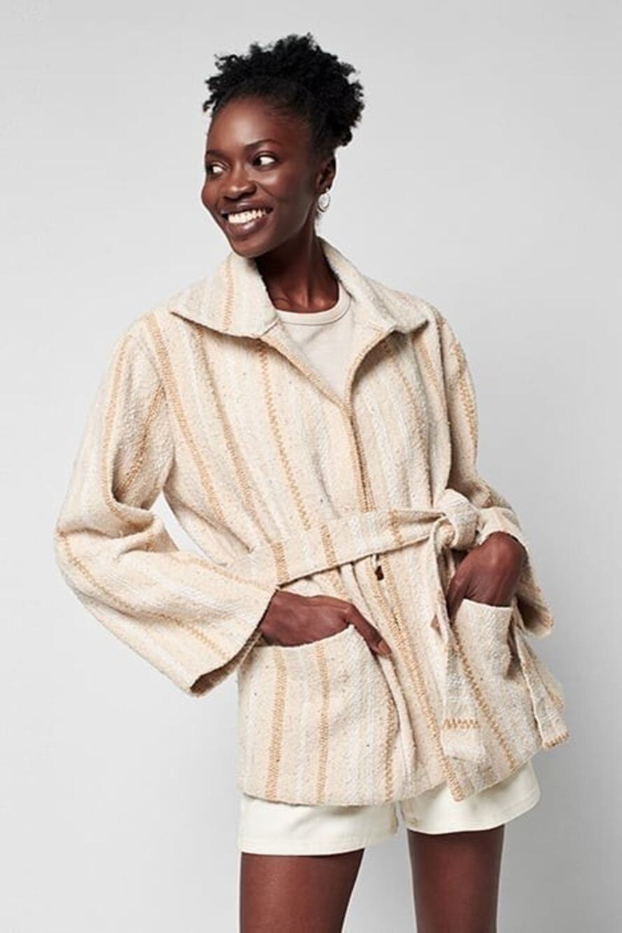 NWT Faherty June Lake Jacket Large Sand Dune Brown Boho Woven Belted Coat $238